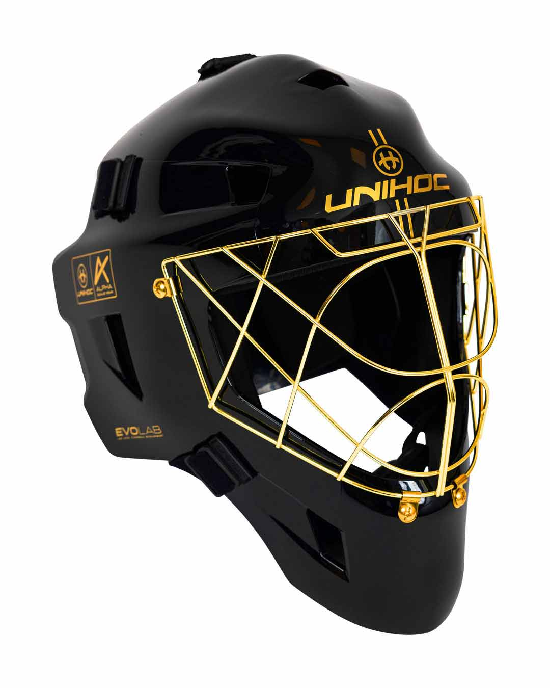 Goalie Mask Unihoc ALPHA PRIME EVOLAB black/gold